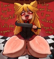 1female 1girls 2024 2d 2d_(artwork) animal_ears blonde blonde_female blonde_hair blonde_hair_female bodily_fluids clothed clothed_male_nude_female clothing crazy crazy_eyes crazy_smile english english_text excessive_genital_fluids excessive_pussy_juice female female_focus femdom funamusea greatestgori high_resolution highres long_hair moge-ko mogeko_castle open_mouth open_smile red_eyes skirt smiling sweat sweaty text thick_thighs thighs tongue tongue_out