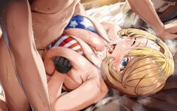 1boy 1girls absurd_res american_flag_bikini bed bed_sheet belko big_breasts bikini bikini_top black_gloves blonde_bikini-san_(belko) blonde_female blonde_hair blue_eye blush breasts breasts_squeezed_together censored censored_penis cum cum_in_mouth cum_on_body cum_on_face cum_on_hair cum_on_upper_body dated eyebrows eyebrows_visible_through_hair female female_focus food_themed_hair_ornament gloved_hands gloves hair hair_ornament hi_res light-skinned_female light-skinned_male light_skin lying lying_on_back lying_on_bed mosaic_censoring one_eye_closed one_eye_open original original_character paizuri paizuri_under_bikini penis penis_between_breasts penis_peek short_hair tongue tongue_out twitter_username