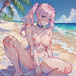 ai ai_generated beach big_breasts blue_eyes blush blushing_at_viewer collar covering_crotch covering_pussy hard_nipples looking_at_viewer no_sex pink_hair sitting teasing thick_thighs twintails water