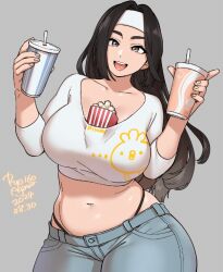 1girls 2024 big_breasts black_hair breasts dated grey_background grey_eyes headband holding_cup holding_object holding_object_between_breasts looking_at_viewer midriff popcorn popcorn_bucket ryo_agawa solo