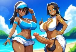 1futa ai_generated balls big_breasts big_penis dark-skinned_female dark-skinned_futanari dark_skin earrings erection female jewelry mullon novelai original smile tennis_uniform veiny_penis