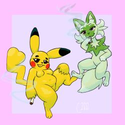 2girls bestiality brown_eyes bushy_tail c2d2 cat_ears cat_tail color digital_media_(artwork) drug drug_use drugs felid feline feral green_skin joints mouse no_nipples no_visible_genitalia nude_female pikachu pokemon pokemon_(species) pokemon_sv pokephilia red_eyes red_sclera rodent shaded smoking spread_legs sprigatito tail two_tone_body weed yellow_body