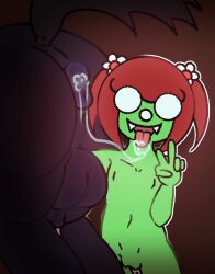 anus beast_rimming completely_nude_female female_on_feral green_skin horse horse_butthole humanoid_on_feral nude nude_female open_mouth peace_sign saliva saliva_string saliva_trail sharp_teeth smiling smiling_at_viewer sullivan_veleca tongue_out twintails vanveleca zoophilia