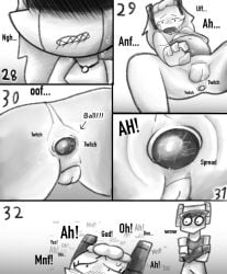 1boy 1human anal anal_ejection anal_expulsion anal_insertion anus anus_focus ayano_aysako(djk) ball_in_ass ball_insertion balls bangs bloated_belly comic comic_page cute djkevin_m_69(artist) drake_ethanson(djk) embarrassed english_text female greyscale headphones one_purple_square(artist) petite_female pleasure pleasure_face pleasured robot_girl round_belly stomach_bulge strain straining struggle struggling stuffed_belly toned_body toned_male twitter wholesome zoom_in