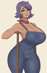 1girls dark_skin eyebrows_visible_through_hair farmer farmgirl female female_only freckles hikikomoriamy large_breasts looking_at_viewer mole_under_eye naked_overalls overalls purple_hair scarf simple_background smile solo_female stardew_valley thick_thighs yellow_eyes