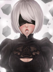 1girls 2020 absurdres blindfold breasts cum cum_bubble cum_in_mouth cum_inside female high_resolution highres limgae looking_at_viewer mole mole_under_mouth nier nier:_automata nier_(series) open_mouth saliva smile teeth tongue tongue_out upper_teeth white_hair yorha_2b