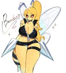 2023 anthro beedrill big_breasts blonde_hair breasts cleavage clothed clothing english_text female generation_1_pokemon hair hi_res high_ponytail light_blush long_hair looking_at_viewer midriff nintendo pokemon pokemon_(species) ponytail red_sclera simple_background solo text thick_thighs toge77789 togetoge white_background white_eyes wings yellow_body