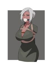 angry_expression big_breasts bondage brown_skin chainmail drooling hourglass_figure kunoichi mabui naruto naruto_shippuden rope_bondage white_ball_gag white_hair