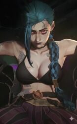 ai_edit ai_generated arcane arcane_jinx big_breasts bikini bikini_top blue_hair breasts gemini jinx_(arcane) jinx_(league_of_legends) league_of_legends pink_eyes purple_eyes riot_games tattoo tattoos