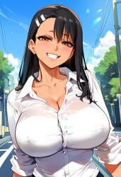 1boy 1girls ahe_gao ai_generated ass covered_nipples dark-skinned_female dark_skin female happy hayase_nagatoro huge_ass huge_breasts meiogun nipples please_don't_bully_me,_nagatoro school_uniform seductive sex smile smug tan_body teeth white_shirt