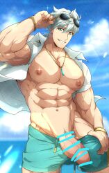 1boy abs absurdres aqua_male_swimwear bar_censor bara bracelet censored collared_shirt erection eyewear_on_head fate/grand_order fate_(series) highres jewelry kuroshinki large_pectorals male_focus male_only male_swimwear muscular muscular_male navel necklace nipples open_clothes open_shirt paid_reward_available pectorals penis percival_(fate) shirt short_hair solo solo_male sunglasses white_hair white_shirt