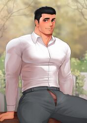 1boy absurdres bara black_hair closed_mouth collared_shirt day gay glasses grey_pants highres large_pectorals male_focus mikicat muscular muscular_male open_pants original outdoors pants pectorals penis penis_peek shirt short_hair smile sole_male solo white_shirt