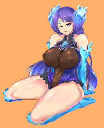 bare_shoulders blue_hair brighid_(xenoblade) cleavage clothing elbow_gloves gloves huge_breasts jewel kneehighs long_hair navel nezbot nintendo nipple_bulge one-piece_swimsuit one_eye_closed sitting swimsuit swimwear thighhighs tight_clothing wink xenoblade_(series) xenoblade_chronicles_2