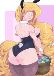 1girls 2022 adventure_time basket big_ass big_breasts big_butt blue_eyes blush bunny_ears bunnysuit cartoon_network dragmarok easter easter_egg fionna_and_cake fionna_campbell fionna_the_human_girl long_hair looking_back playboy_bunny simple_background solo stockings thick_thighs