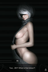 alternate_costume artist_name bangs blindfold english_text female high_resolution highres limgae mole mole_under_mouth nier nier:_automata patreon short_hair solo text virgin_killer_sweater web_address white_hair yorha_2b