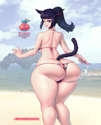 1girls ass ass_expansion bikini breasts catgirl female female_only final_fantasy final_fantasy_xiv huge_ass j'naiah looking_at_viewer looking_back miqo'te solo supersatanson thicc_shake thick_thighs wide_hips