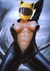 1girls abs big_breasts bodysuit breasts celty_sturluson cleavage covered_face dullahan durarara!! female female_only helmet large_breasts navel nipples_visible_through_clothing rain raining solo unzipped unzipped_bodysuit wet wet_clothes wet_skin yupachu zipper_pull_tab