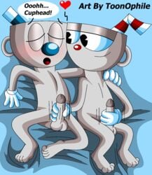 2boys blue_eyes blue_nose brothers cuphead cuphead_(game) english english_text erection eyes_closed gay gloves handjob heart holding_penis incest knees_apart_feet_together masturbating_self_and_another mugman nude pleasure_face red_nose speech_bubble stroking_cock toonophile yaoi