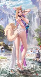 1girls ahri animal_ears ass barefoot beautiful_background bell blonde_hair blue_eyes boobs_and_butt_pose bracelet breasts cleavage ear_tuft female female_only fox fox_ears fox_girl fox_tail hair_bell k/da_all_out_ahri k/da_all_out_series large_breasts league_of_legends long_hair panties pixiv_username portrait riot_games sideboob spirit_blossom_ahri spirit_blossom_series standing tail tsuki_no_i-min water water_drop wet wet_hair whisker_markings