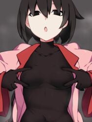 :o abdomen black_eyes black_hair breasts kuro_mushi looking_at_viewer looking_down medium_breasts monogatari_(series) navel navel_visible_through_clothes nipples nipples_visible_through_clothing oshino_ougi owarimonogatari short_hair tagme tight_clothing turtleneck