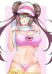 1girls abs alternate_outfit belly big_breasts blue_eyes blush bra breasts brown_hair cleavage clothing double_bun eye_contact female hair_bun hat heavy_breathing human large_breasts legs_together long_hair looking_at_viewer matching_underwear midriff navel nintendo nipples nipples_visible_through_clothing open_mouth panties pink_background pink_bra pink_panties pokemon pokemon_bw2 rosa_(pokemon) sankakusui_(deltawhite) shirt shirt_lift skirt skirt_down solo sports_bra thigh_gap thin_waist twintails white_border white_shirt wide_hips yellow_skirt