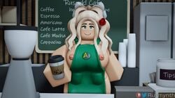 3d 3d_(artwork) apron big_breasts blonde_hair breasts breasts_out ellie_(rusmynth) green_eyes hi_res huge_breasts human iced_latte_with_breast_milk long_hair meme nipple_slip nipples original_character pink_nipples roblox robloxian rusmynth smile starbucks video_games workplace