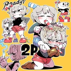 2girls angry anthro bandaid blush blushing breasts cup cuphead cuphead_(game) cups female footwear gloves handwear mugman multiple_girls multiple_images pale_skin reference_image rule_63 short_hair shorts straw sucking text white_hair