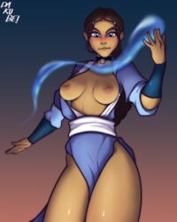 arm_bands avatar_the_last_airbender blue_eyes breasts brown_hair choker clothing dakube dark-skinned_female dark_skin female female_only katara looking_at_viewer medium_breasts nickelodeon open_shirt solo straight_hair water waterbending