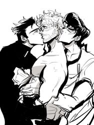 3boys bara black_hair diamond_is_unbreakable dilf father_and_son gay glasses grandfather_and_grandson incest jojo's_bizarre_adventure joseph_joestar josuke_higashikata jotaro_kujo kissing kissing_head magojiji monochrome old_joseph older_man_and_younger_boy pompadour smaller_on_top undressing viiiola_beet yaoi younger_dom_older_sub younger_male