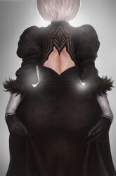 1girls 2020 absurdres ass ass_focus back_view clinging close-up clothed dat_ass dress from_behind high_resolution highres huge_ass lighting limgae looking_away nier:_automata nier_(series) pawg taut_clothes tight_clothing tight_dress white_hair yorha_2b