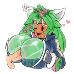 anthro blaster_master blaster_master_zero blaster_master_zero_2 green_hair happy happy_sex heart human_on_plantie kanna_(blaster_master) male mob_face paizuri penis plant_girl plantie tagme unzipped_bodysuit watermelon_bra watermelon_nets wink winking