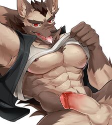 1boy abs bara big_penis chung0_0 clothed clothing furry kemono lifting_clothing male male_only muscle muscular partially_clothed pecs penis_out solo solo_male yiff