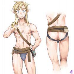 1boy abs artist_logo artist_request ass banana blonde_hair blue_eyes breath_of_the_wild humanoid jockstrap lean_muscle link link_(breath_of_the_wild) long_hair_male male male_nipples male_only muscles muscular_male no_visible_genitalia pecs penis_bulge pointy_ears smooth_skinned_male the_legend_of_zelda twink