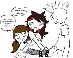 1boy 2girls brown_hair choker clothed clothes fishnet_armwear groping jaiden jaiden_animations jaidenanimations joshin let_me_explain_studios mohawk necklace no_pupils piercing piercings pigtails rebecca_parham shirt skirt smile smiling speech_bubble stickman stickmans streaked_hair text youtube youtuber