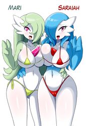 2girls 3_fingers abs alternate_color alternate_hairstyle anthro anthrofied belly big_hands bikini blue_hair blue_skin blush breast_frottage breasts cleavage clothed eye_contact game_freak gardevoir green_bikini green_hair green_skin hair_over_one_eye large_breasts long_hair looking_at_viewer lucyfercomic mari_(zedrin) midriff navel nintendo original_character pink_eyes pokémon_(species) pokemon pokemon_(species) pokemon_rse pose red_bikini red_eyes saraiah_(heraldinthedark) shiny_pokemon size_difference standing text thick_thighs tongue tongue_out underboob v white_background white_skin wide_hips yuri