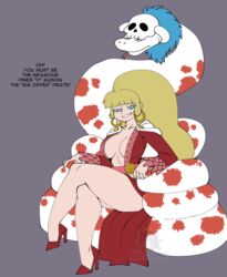 2020 big_breasts blonde_hair blue_eyes boa boa_hancock_(cosplay) breasts cleavage cosplay crossover darkeros13 disney disney_channel disney_xd dress earrings female female_only gravity_falls high_heeled_shoes high_heels hoop_earrings legs_crossed long_hair low_cut_top name_drop one_piece pacifica_northwest red_dress sitting skull snake solo solo_female straight_hair thedarkeros thick_thighs