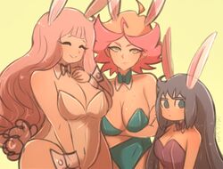 3girls amanda_o'neill angry arms blue_eyes blue_hair blush bowtie bunny bunny_ears closed_eyes constanze_amalie_von_braunschbank-albrechtsberger cuffs female_only green_eyes jasminka_antonenko large_breasts little_witch_academia long_hair medium_breasts omiza_somi red_hair very_long_hair