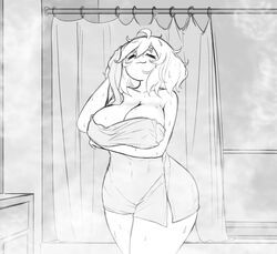 1girls big_ass big_breasts curvy drying_hair holding_breasts insomnia-chan_(kaynimatic) kaynimatic naked_towel shower thick_thighs towel towel_only