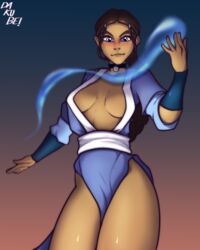 arm_bands avatar_the_last_airbender blue_eyes brown_hair choker cleavage clothing dakube dark-skinned_female dark_skin female female_only katara looking_at_viewer medium_breasts solo straight_hair water waterbending