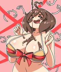 1girls bikini_top brown_hair chocolate chocolate_on_breasts huge_breasts insomnia-chan_(kaynimatic) kaynimatic lenny_face meme ribbon short_hair