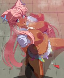 arched_back arm_support blush breasts cleavage condom condom_belt female green_eyes gyaru highres large_breasts leaning_back long_hair looking_at_viewer maria_cadenzavna_eve multiple_condoms nail_polish namida_boshi navel nipples penis_shadow pink_hair senki_zesshou_symphogear shiny shiny_hair shiny_skin skirt solo steaming_body tan used_condom v