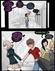 1boy 3girls bathroom blush comic danganronpa danganronpa_2:_goodbye_despair dialogue embarrassed english_text faceless_female female femdom male mosbles nanami_chiaki straight_hair super_danganronpa_2 tagme text