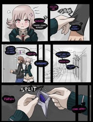 1boy 1girls angry assertive bathroom blush comic condom danganronpa danganronpa_2:_goodbye_despair dialogue english_text faceless_male female imminent_sex male mosbles nanami_chiaki original_character smooth_skin super_danganronpa_2 text