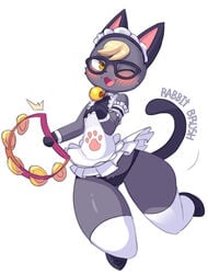 2020 :3 animal_crossing anthro blush clothed clothing crossdressing domestic_cat eyewear fangs felid feline felis femboy girly glasses hi_res holding_musical_instrument holding_object looking_at_viewer maid_uniform male male_only mammal musical_instrument nintendo one_eye_closed open_mouth open_smile percussion_instrument rabbitbrush raymond_(animal_crossing) simple_background smile solo tambourine underwear uniform video_games white_background wink