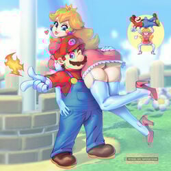 1boy 1girls ass big_ass blonde_hair female fire fully_clothed heart high_heels larger_female male mario mario_(series) mustache nintendo panties princess_peach size_difference smaller_male super_mario_bros. super_mario_bros._2 supersatanson tagme thighhighs thong