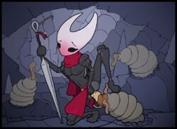 absurd_res anthro arthropod blush bodily_fluids bottomwear breasts cape cave clothing creature_inside cum cum_inside female genital_fluids hi_res hollow_knight hornet hornet_(hollow_knight) hymenopteran insects male pornwhal scarf sex skirt solo straight team_cherry tentacle vespid video_games wasp worm