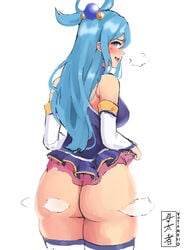 1girls aqua_(konosuba) ass back_view big_ass blue_eyes blue_hair blush clothed female female_only kono_subarashii_sekai_ni_shukufuku_wo! long_hair looking_at_viewer looking_back no_panties smile thighhighs yotahen