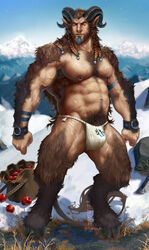 1boy abs animal_ears apple artist_name asian_clothing bara beard beefy body_fur body_hair braided_hair brown_fur brown_hair bulge caprine clothing detailed_background east_asian_clothing facial_hair flaccid food fruit fundoshi hairy_male half-human hi_res hooves horns humanoid japanese_clothing long_hair_male male male_nipples male_only mammal masculine mature_male muscles muscular_male mustache nipple_piercing nipple_rings pecs penis_bulge piercing plant pockyrumz pubes rum-locker satyr snow solo thorbjörn thorbjörn_eileifr_holmström underwear white_underwear