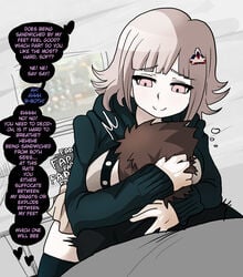 1boy 1girls assertive breast_smother breasts breath_of_the_wild danganronpa danganronpa_2:_goodbye_despair english_text female femdom footjob footjob_with_legwear gentle_femdom male mosbles nanami_chiaki naughty_face nintendo_switch original_character shoejob smile smothering sockjob sofa straight_hair super_danganronpa_2 tagme text twitching