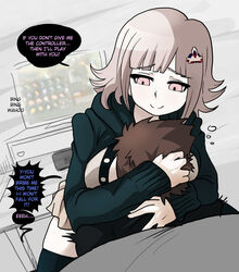 1boy 1girls assertive breast_smother breasts breath_of_the_wild danganronpa danganronpa_2:_goodbye_despair electronics english_text female femdom game_console gentle_femdom hoodie human male mosbles nanami_chiaki naughty_face nintendo_switch nintendo_switch_dock original_character pale_skin smile smothering sofa straight_hair super_danganronpa_2 tagme television text